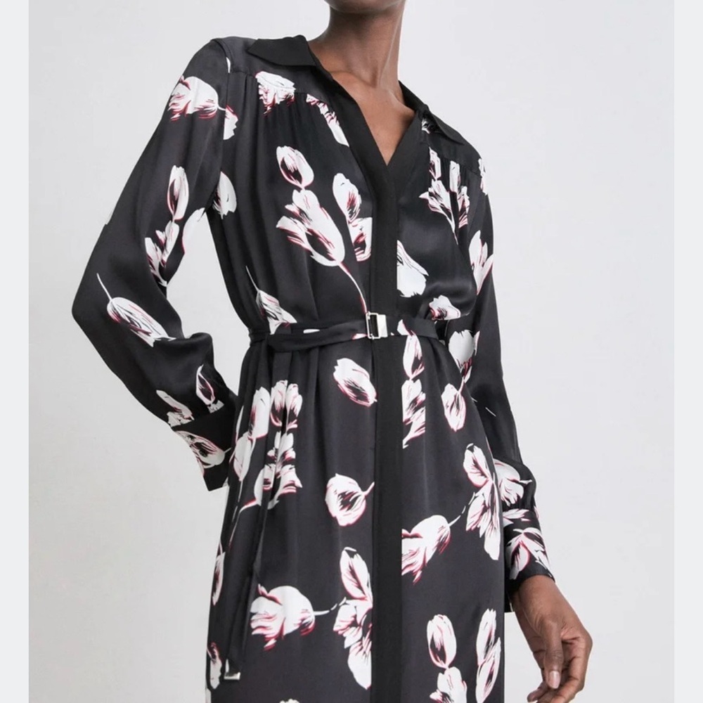 BOSS Dieshina Satin Floral Long Sleeve Midi Collared Shirt Dress 4 Black NO Belt